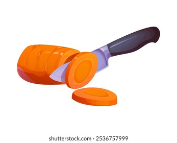 Carrot slicing or cutting for food cooking and preparation process, vector icon. Vegetable carrot cut with knife symbol for food preparation utensil, kitchenware equipment and cook process pictogram