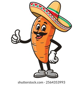 Carrot with sombrero,  Cartoon Character Mascot Illustration Vector Clip-art Hand-drawn Logo Design