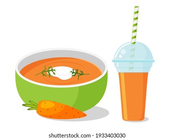 Carrot soup and juice. Healthy meal. Vector illustration.