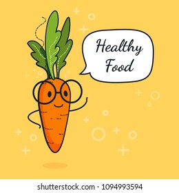 Carrot with speech bubble. Balloon sticker. Cool vegetable. Vector illustration. Carrot clever nerd character on a yellow background. Healthy food concept. Smart vegan diet poster