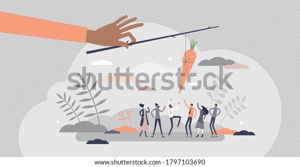 Carrot and stick metaphor as treat teasing\
visualization tiny person concept. Employee motivation method with\
award dangling vector illustration. Reward and punishment usage to\
induce desired behavior