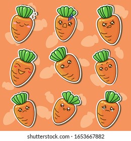 Carrot sticker set for scrapbook. Healthy food symbol collection for social media network logo, notebook sticker, healthy food icon, shirt, hoody, bag print. Orange backdrop stock vector illustration