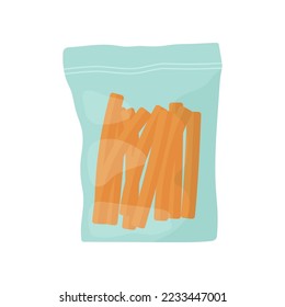 Carrot sticks in plastic pack vector illustration. Packaging with pieces of vegetable or healthy snack for lunch at school or office on white background. Lunch break, food concept