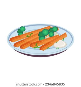 Carrot sticks vector illustration. Cartoon drawing of carrot slices on plate on white background. Healthy food concept