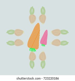 Carrot striped, onion pattern . Hand drawn.
