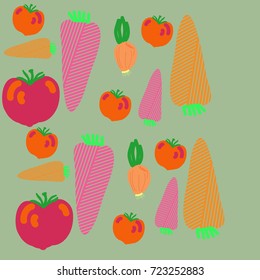 Carrot striped,tomato, onion pattern . Hand drawn.