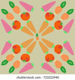Carrot striped,tomato, onion pattern . Hand drawn.
