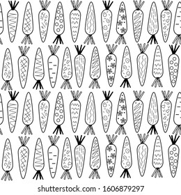 The carrot in the style of Doodle black contour on a white background, seamless pattern, vector