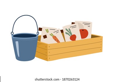 Semillas de zanahoria, tomate y remolacha con un paquete de papel en una caja de madera aislada sobre fondo blanco. Cubo de jardinería. Concepto agrícola y agrícola. Dibujo vectorial plano de dibujos animados.