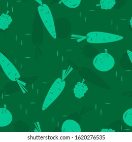 Carrot, tomato, berry.Green background.Pattern.Vector illustration for your business.Theme of healthy lifestyle,agriculture, agriculture,agro, juice, logo, logotype, emblem, trademark, company logo