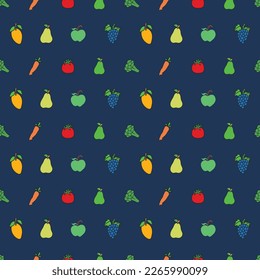 CARROT TOMATO BROCCOLI MANGO PEAR APPLE GRAPES FRUITS AND VEGETABLE MIX ITEM SEAMLESS PATTERN ALL OVER PRINT VECTOR