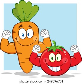Carrot And Tomato Cartoon Mascot Characters Showing Muscle Arms. Vector Illustration With Background