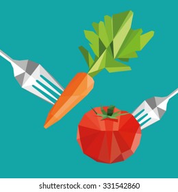 carrot and tomato and fork polygon vector / geometric icon