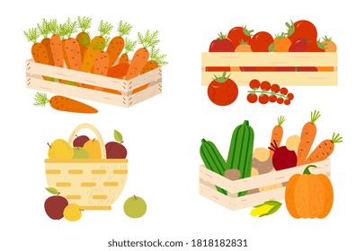 Carrot and Tomato Vegetable Cartoon Vector Icons. Apple and Potato Wood boxes Harvest time