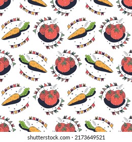 Carrot and Tomatoes. Seamless pattern on a white background. Cute vector illustration.