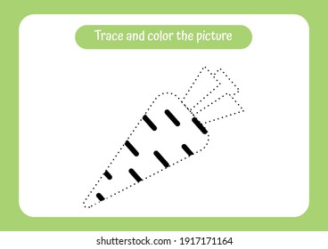 Carrot. Trace and color the picture. Educational game for children. Handwriting and drawing practice. Vegetable theme activity for toddlers, kids. Vector illustration.