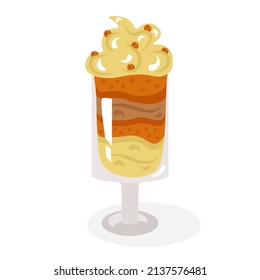 Carrot trifle, a dessert laid out in layers in a glass glass, decorated with whipped cream and orange berries. Cute, cozy vector illustration. For a holiday card, banner, menu, coffee shop flyer.