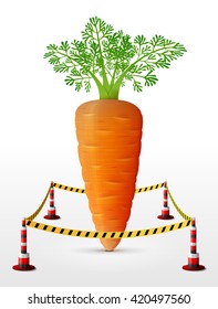 Carrot tuber located in restricted area. Carrot with leaves surrounded barrier tape. Vector illustration