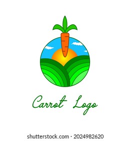 logo del vector zanahoria. logotipo de campo marca de explotación logotipo de sunrise sunrise logo con diseño de arte paisajístico