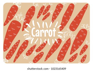 Carrot vegetable card. Vegetarian food. Naive style with typography. Vector illustration.