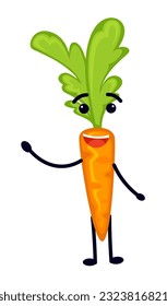 Carrot vegetable cartoon character waving hand and smiling. Isolated personage with smiling facial expression and positive look. Sticker or emoji, emoticon for social media. Vector in flat style