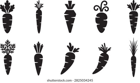 Carrot vegetable icon set with ten black designs for healthy food cooking and nutrition themes