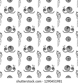 Carrot vegetable leaf and snail garden vector seamless pattern. Simplified retro illustration. Wrapping scrapbook paper background. Calligraphy style doodle. Element design, wallpaper, fabric printing