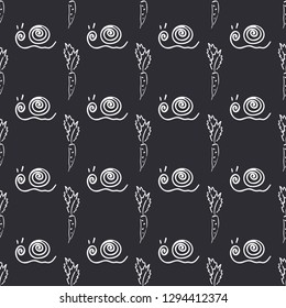 Carrot vegetable leaf and snail garden vector seamless pattern. Simplified retro illustration. Wrapping scrapbook paper background. Calligraphy style doodle. Element design, wallpaper, fabric printing
