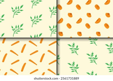 carrot vegetables pieces and leaf seamless pattern on yellow background for print on packaging, merchandise.  orange carrot slices pattern background. pattern of carrot organic foods background