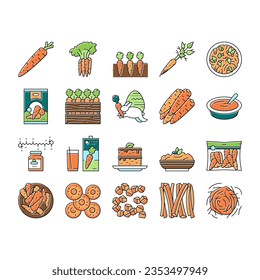 Carrot Vitamin Juicy Vegetable Icons Set Vector. Carrot Salad And Baked Pie Cake, Cooked Soup Dish And Healthy Juice Drink, Growing Plant In Garden And Harvesting Color Illustrations