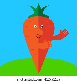 Carrot  with welcome hands. Flat style vector illustration . Funny cartoon character