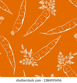 Carrot white outline on an orange background. Fresh vegetables seamless pattern. Vector monochrome illustration of food.