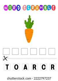 Carrot Word scramble . Educational game for kids. English language spelling worksheet for preschool children