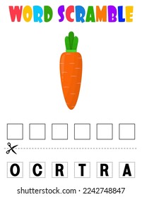 Carrot Word scramble . Educational game for kids. English language spelling worksheet for preschool children.vegetable