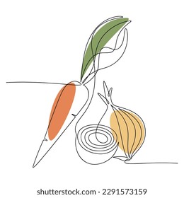 Carrot and yellow onion vector. Line continuous hand drawn illustration. Vegetable outline icon. Garden plant. Minimal linear silhouette. Graphic design, print, banner, card, brochure, sign, doodle.