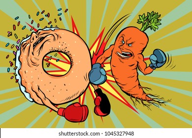 Carrots beats a donut. Vegetarianism and a healthy lifestyle. Comic book cartoon pop art retro vector illustration