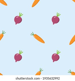 carrots and beetroot wallpaper. Hand drawn carrot and beet seamless pattern on white background. Design for fabric, textile print, wrapping paper, children textile. Vector illustration