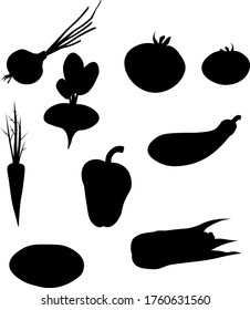 Carrots, beets. potato. corn. tomatoes, onions, eggplant isolated on a white background. Flat vector vegetables silhouettes.