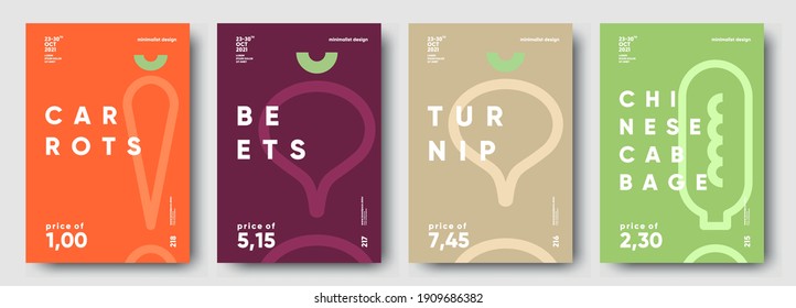 Carrots, Beets, Turnip, Chinese cabbage. Price tag, label or poster. Set of posters, vegetables and herbs in a minimalist design. Flat vector illustration. 