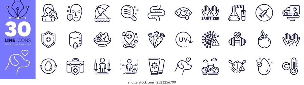 Carrots, Bike and No vaccine line icons pack. Clean hands, Uv protection, Drop counter web icon. Social distance, Sunscreen, Face protection pictogram. Covid virus, Ambulance transport. Vector