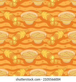 Carrots and bowls of noodles. Seamless pattern on an orange background. Cute vector illustration.