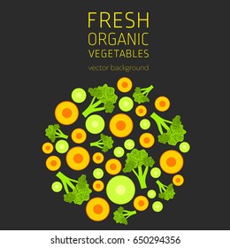 Carrots, broccoli, abstract vegetable postcard, fresh organic vegetables, vector illustration, organic food, healthy eating, vector background