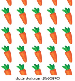Carrots cartoon seamless pattern. Hand drawn design with carrot on white background. Vegetable, healthy vegan food wallpaper.