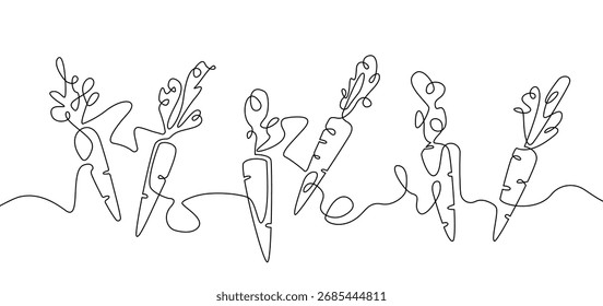 Zanahorias. Dibujo de línea continua arte aislado sobre un fondo blanco. Ilustración vectorial.
