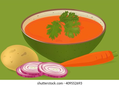 Carrots and coriander soup in a bowl vector