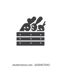 Carrots crate vector icon. filled flat sign for mobile concept and web design. Box with carrots glyph icon. Harvest collection symbol, logo illustration. Vector graphics
