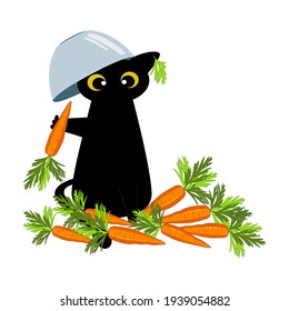 Carrots and cute black cat on a white background. The kitten plays with a carrot and a bowl. Kawaii animal and vegetables for printing kitchen textiles, clothes. Vector graphics.