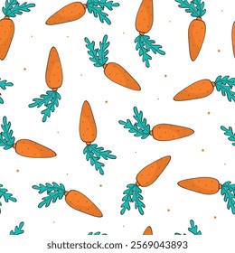 Carrots doodles, cartoon elements seamless pattern for wallpaper, textile prints, product packaging, background, wrapping paper, nursery decor, etc. EPS 10