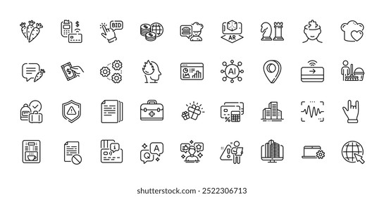 Carrots, First aid and Gift line icons pack. AI, Question and Answer, Map pin icons. Pos terminal, Buildings, Gears web icon. Social media, Voice wave, Internet pictogram. Vector