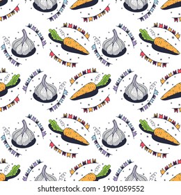 Carrots and garlic. Seamless pattern on a white background. Cute vector illustration.